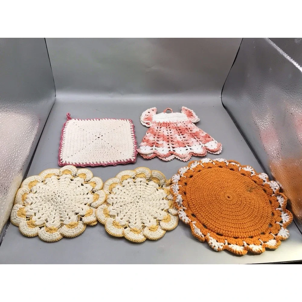 5 Crocheted Trivets Orange One Is Slightly Stained 5